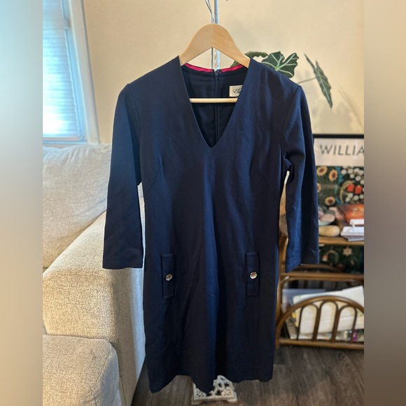 Eliza J Deep Blue Long Sleeve Dress stretch gold buttons - Picture 1 of 8